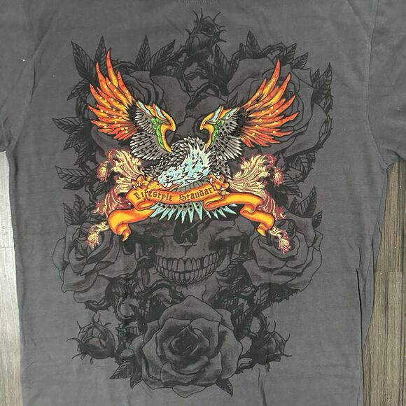 Avirex Black Graphic Shirt Eagle Bling Glitter Men’s Size Large Y2K Style Biker - Picture 2 of 7